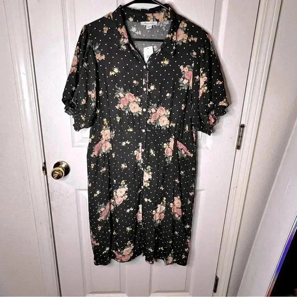 NWT American Eagle Polka Dot Floral Puff Sleeve Button Front Shirt Dress Size XL - Picture 1 of 6